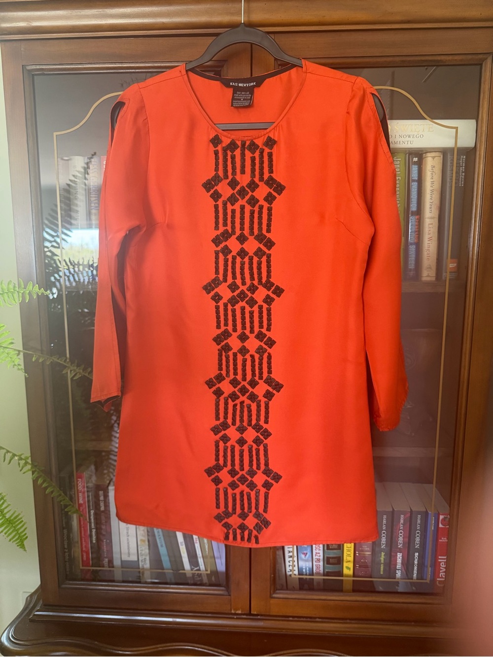 AKA New York Orange Long-Sleeve Shift Dress with Black Beaded Center Panel